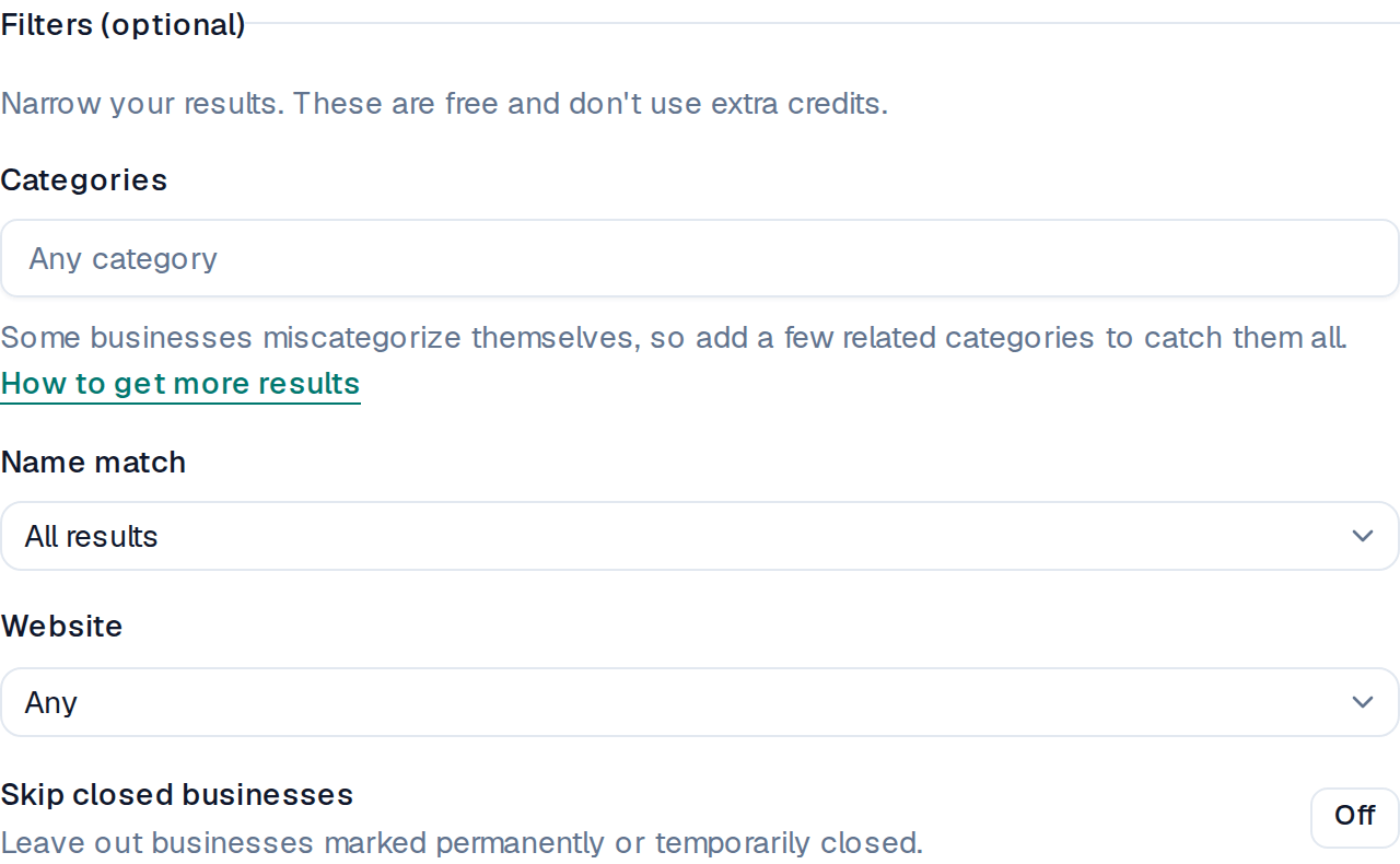 The optional Filters panel on the search form, with controls for Categories, Name match, and Website presence, noting the filters are free and use no extra credits.