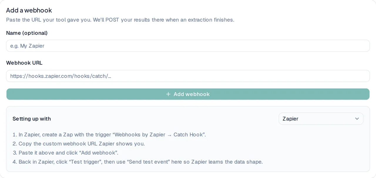 The Add a webhook form, with a Name field, a Webhook URL field, an Add webhook button, and step-by-step setup instructions for Zapier.