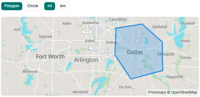 A custom search-area polygon drawn around Dallas on the map, with Polygon, Circle, and mile/kilometre tools above it, limiting results to exactly that boundary.