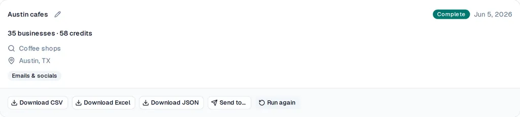 A results list of matching businesses with their phone, website, and rating.
