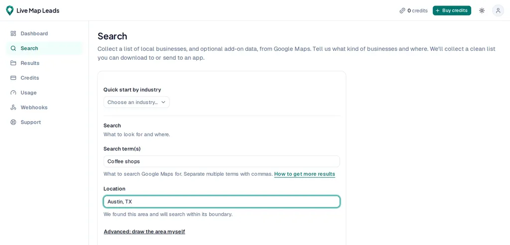 The search form, with fields to pick a business type and a city or area.